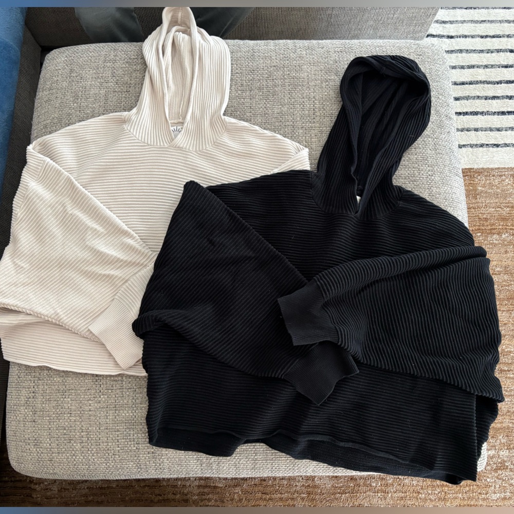 2 aerie Ribbed Hoodies in Cream and Black
